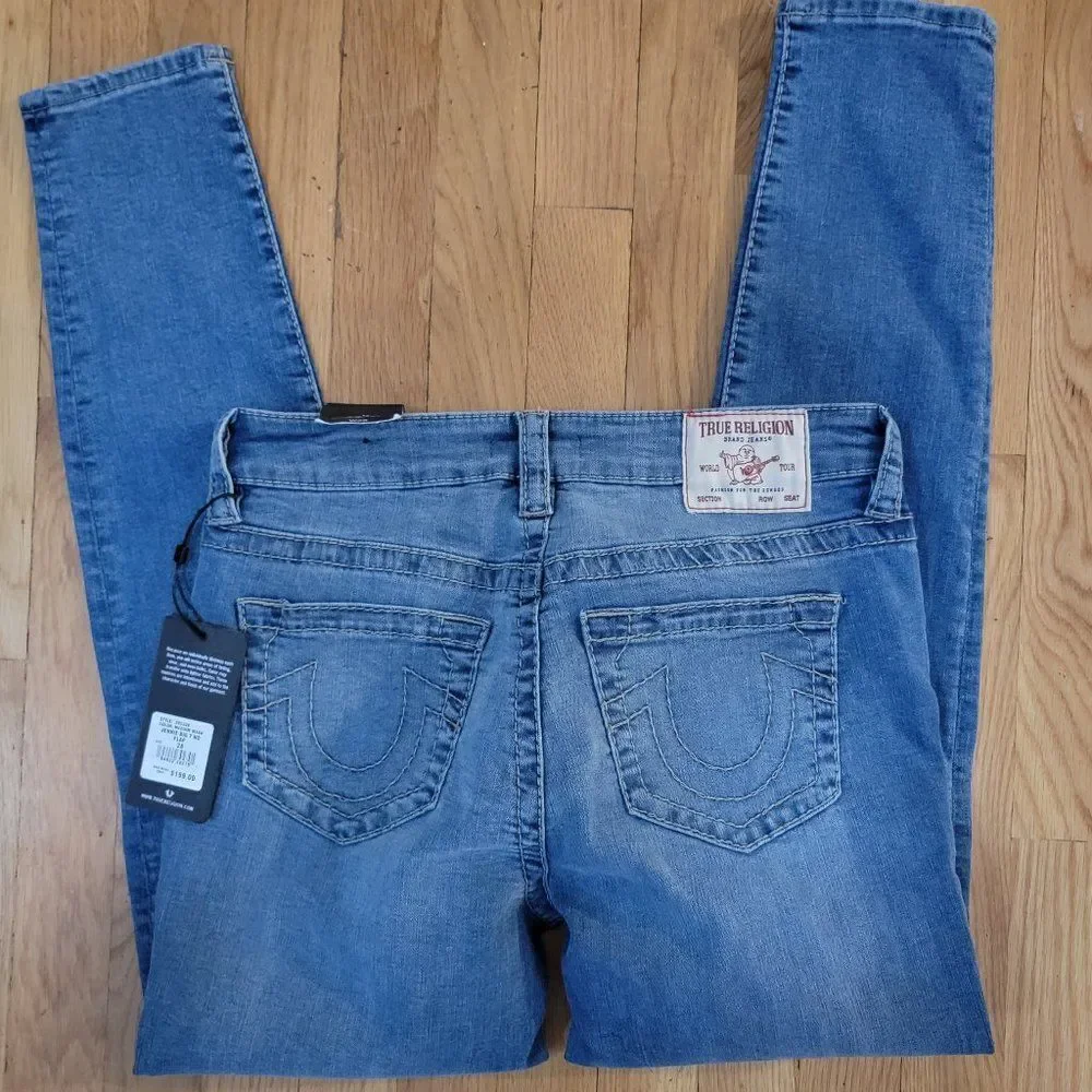 True Religion Women's Blue Medium Wash Mid Rise Halle Super Skinny Jeans…